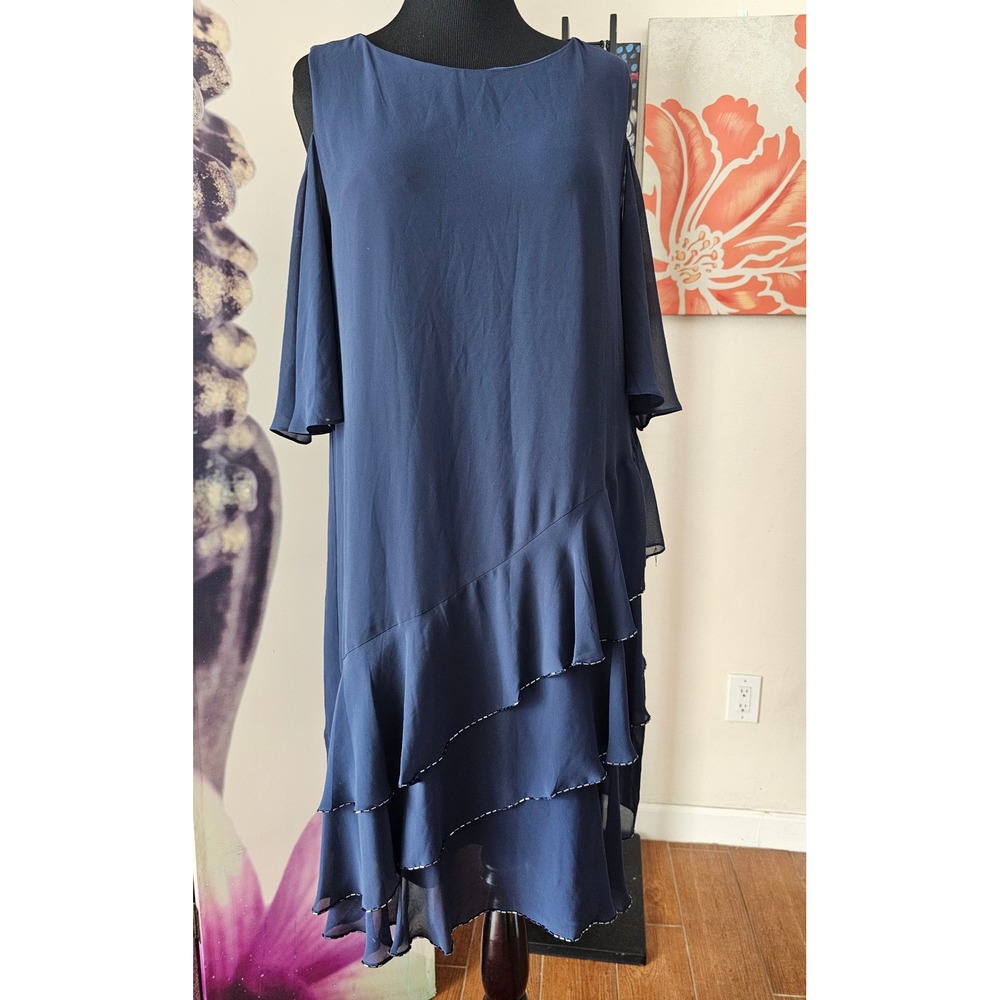 Marina Navy Blue Cold Shoulder Ruffle Layered Midi Beaded Trim Dress Size 16